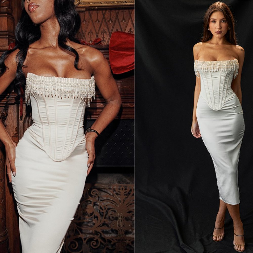 House of CB 'Nalita' Vintage Cream Embellished Strapless Midi Dress NWOT